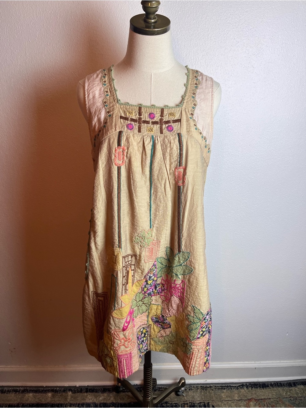 Cream Colorfully Embroidered Sleeveless Mini Dress